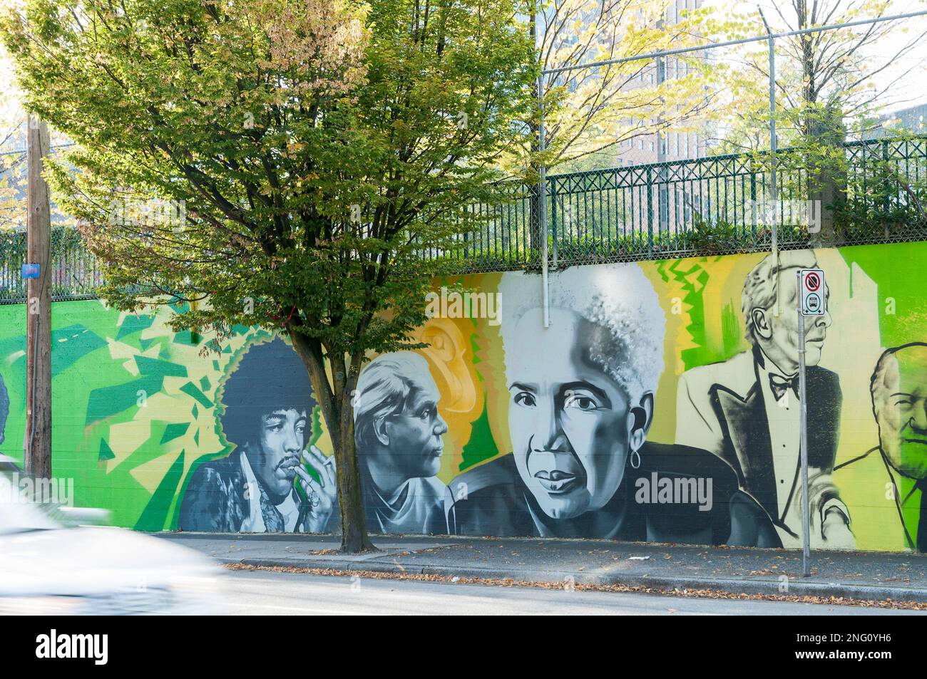 Jimi Hendrix, Bill Reid, Rosemary Brown, Toller Cranston,  on mural featuring  Canadians and famous persons who lived at times in Vancouver, Beatty St Stock Photo