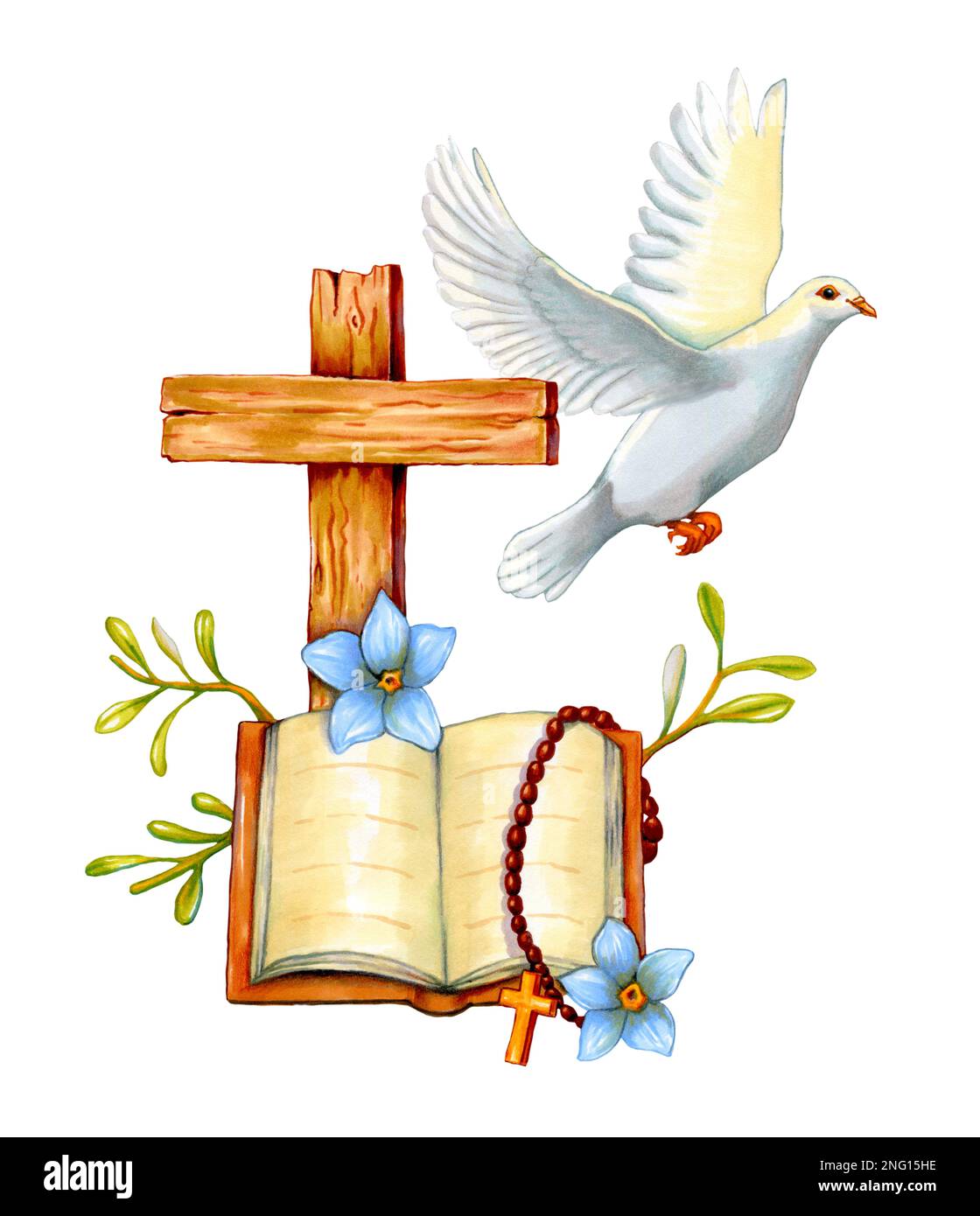 Christian cross with an holy book and a white dove. Traditional illustration on paper. Stock Photo