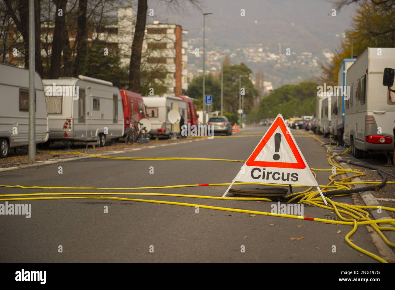 Circus Sign and Many Caravan on the Street in Locarno, Ticino in Switzerland. Stock Photo
