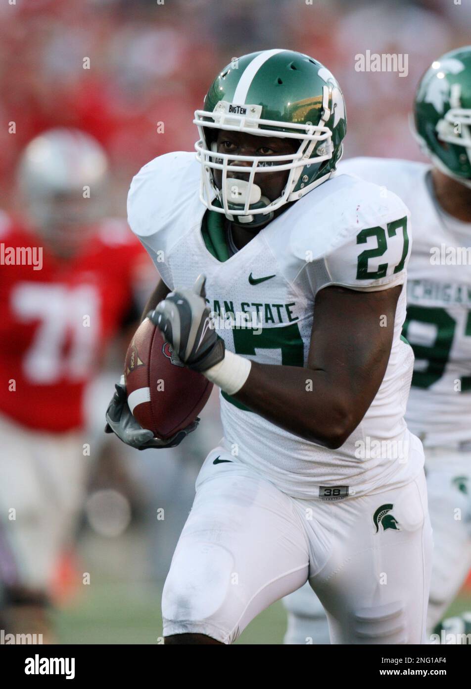 Michigan State linebacker SirDarean Adams (27) takes an interception to the&nbsp; end zone for a touchdown during a college football game against Ohio State&nbsp; Saturday, Oct. 20, 2007 in Columbus, Ohio. (AP