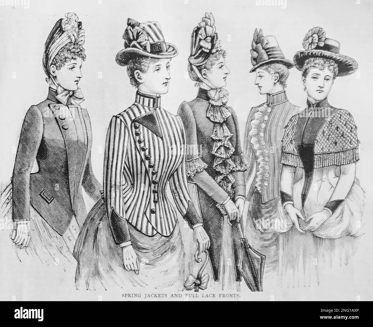A 19th Century sketch of  a  five young women modelling spring jackets and full lace fronts, from the Girls Own Paper of 1888. Stock Photo