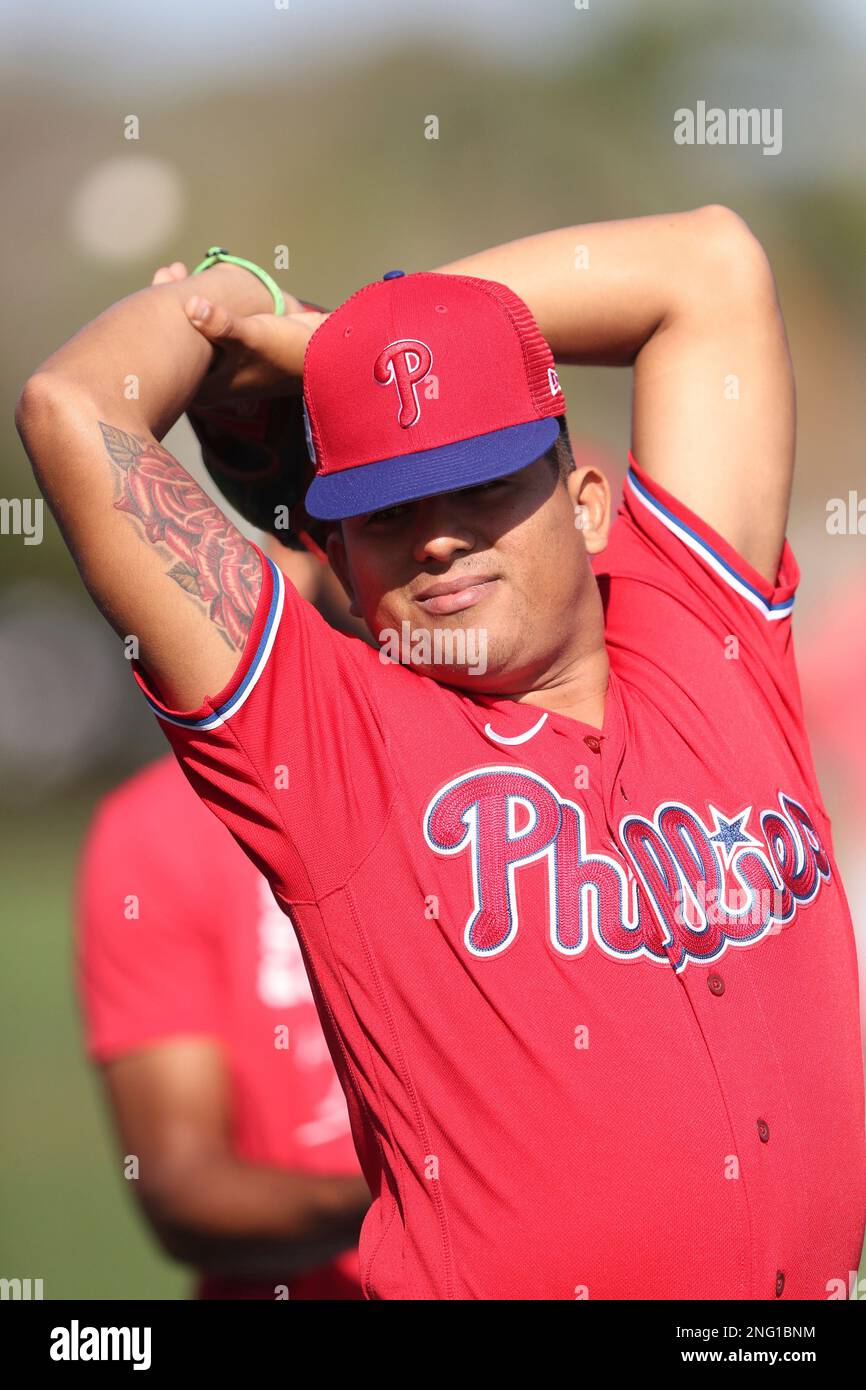 CLEARWATER, FL - FEBRUARY 17: Philadelphia Phillies pitcher Mick Abel (74)  warms up during the spring training workout at Carpenter Complex on  February 17, 2023 in Clearwater, Florida. (Photo by Cliff Welch/Icon