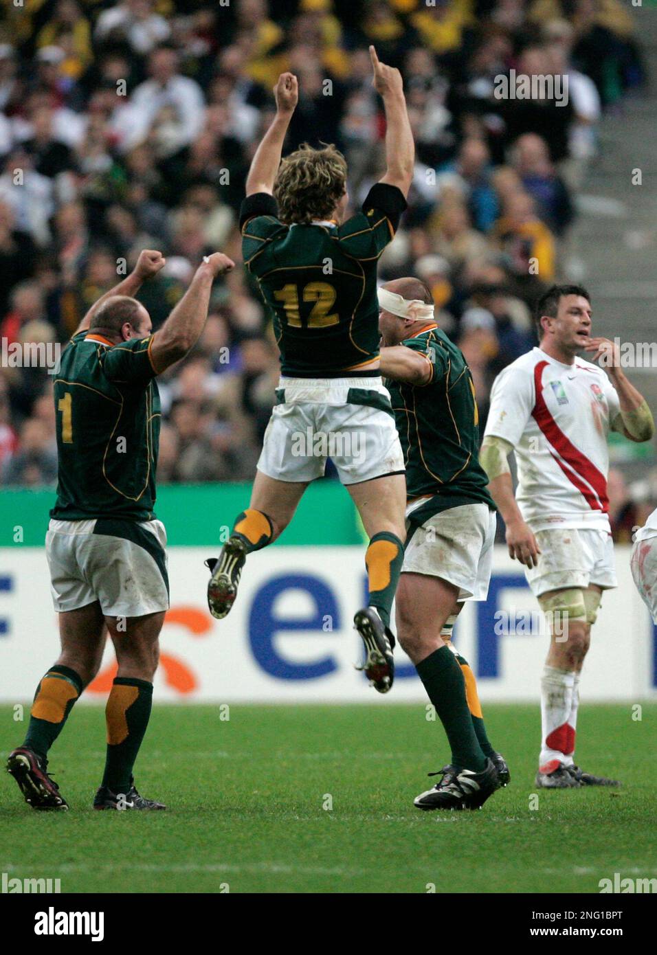 South Africa's Francois Steyn jumps in the air as they defeat England ...