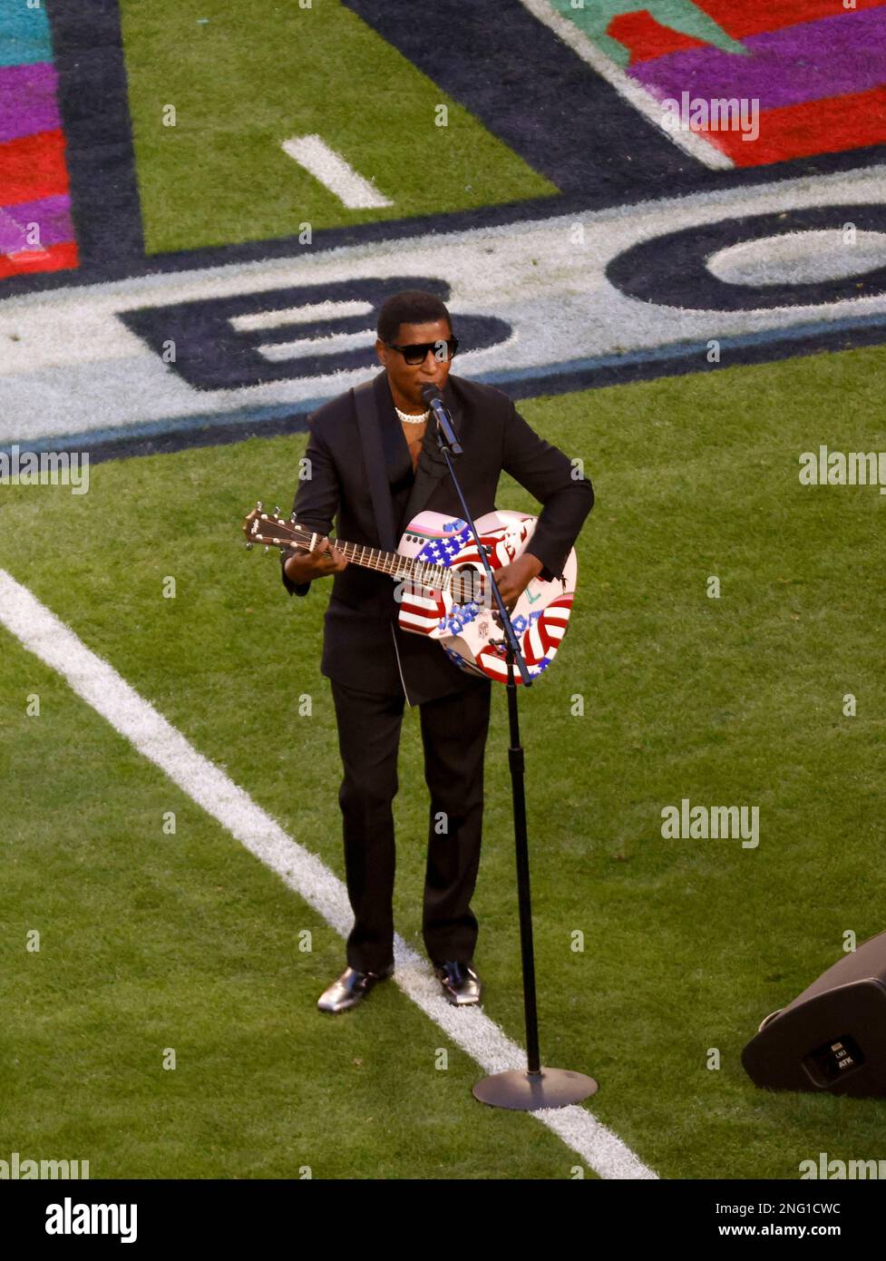 Babyface performs America the Beautiful during Super Bowl LVII between