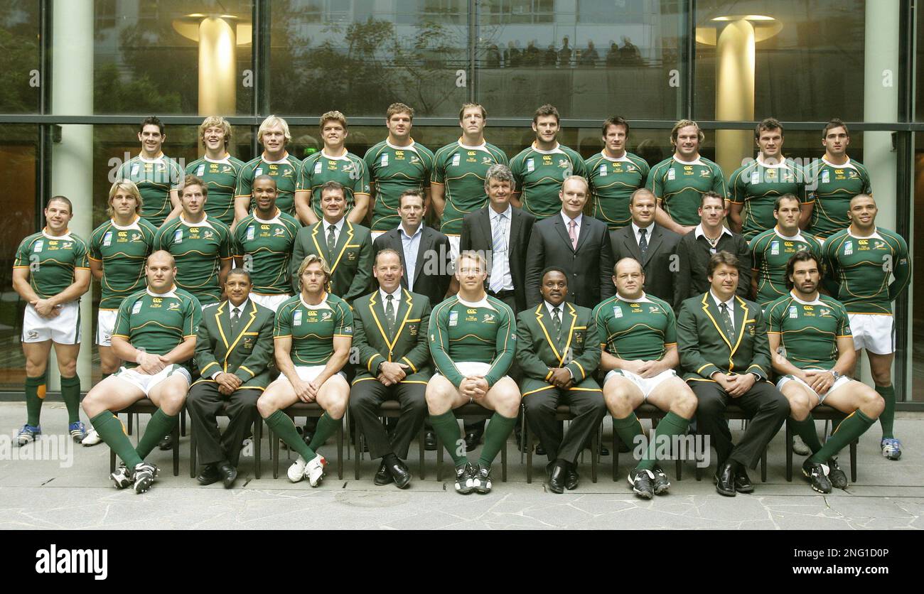 The South Africa rugby union squad pose for a team photograph in Paris