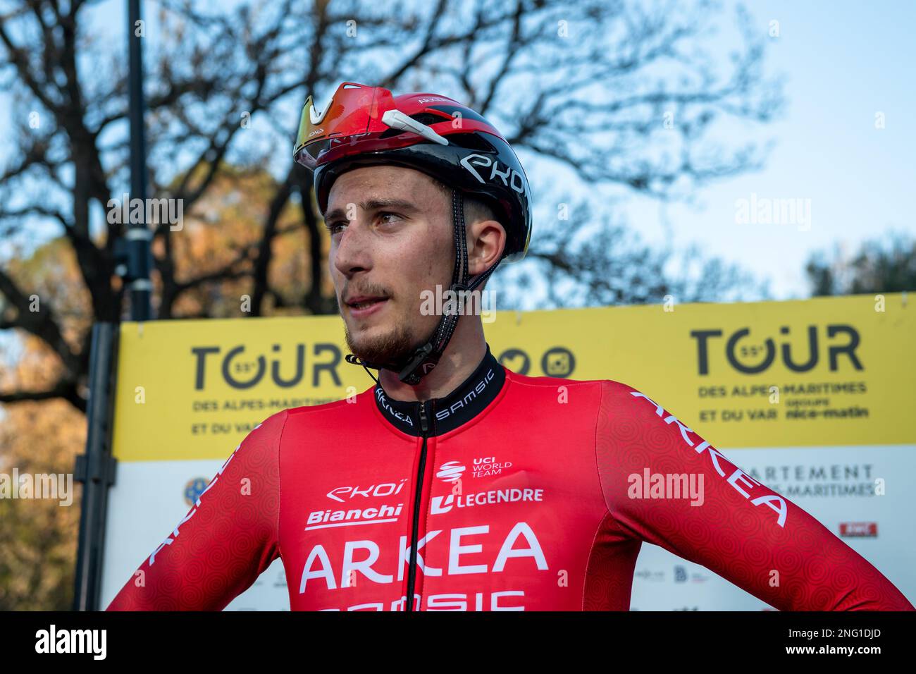 Ramatuelle, France. 17th Feb, 2023. Frenchman Kevin Vauquelin, Arkea Samsic team talks to the press after his victory The first stage of the Tour 06-83 (Tour des Alpes-maritimes et du Var) 2023 takes place between Saint-Raphael and Ramatuelle. The winner was Kevin Vauquelin (team Arkea Samsic) who finished ahead of Neilson Pawless (team EF Education-EasyPost) in second place and Kevin Geniets (team Groupama-FDJ) in third place. Credit: SOPA Images Limited/Alamy Live News Stock Photo