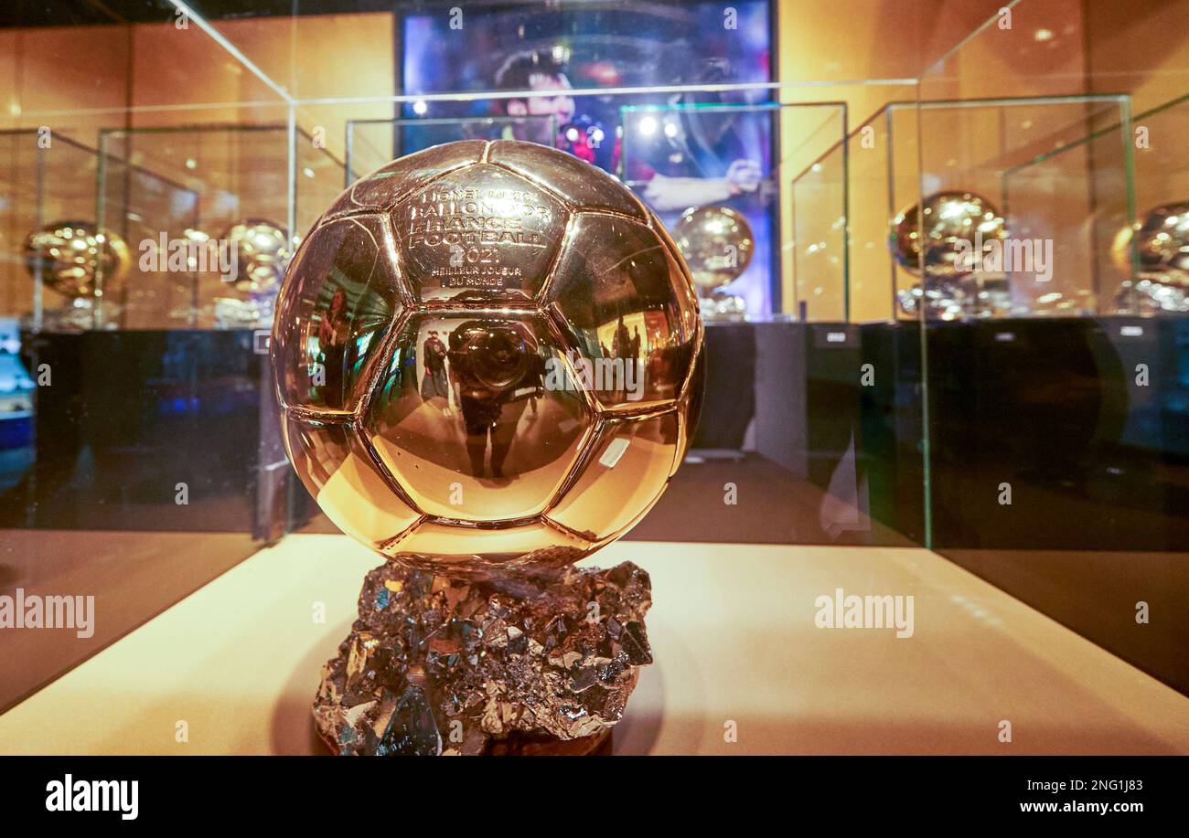 Lionel Messi awards in FC Barcelona museum at Camp Nou Stock Photo