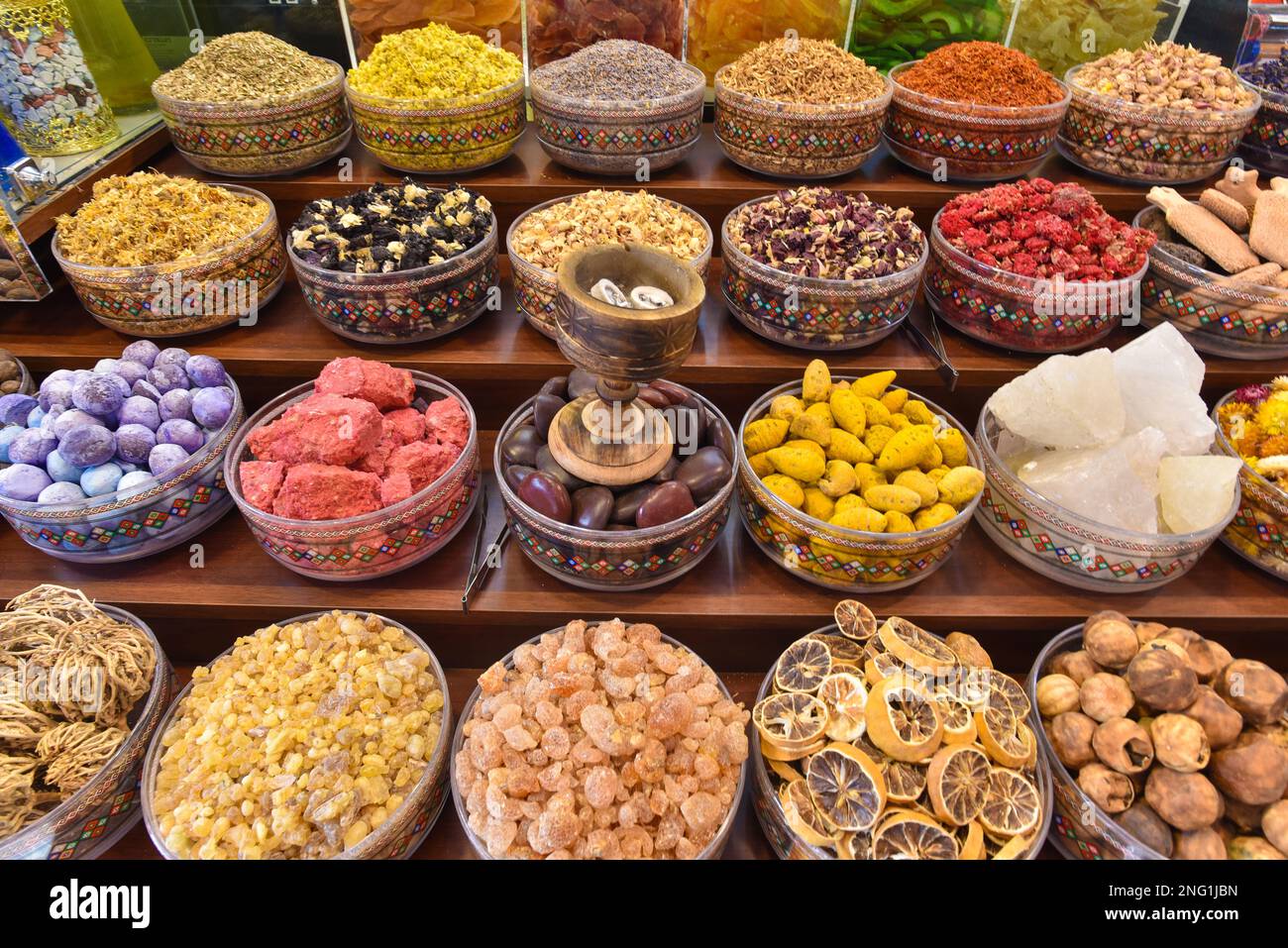Various spices on Spice souk, Deira, Dubai Stock Photo