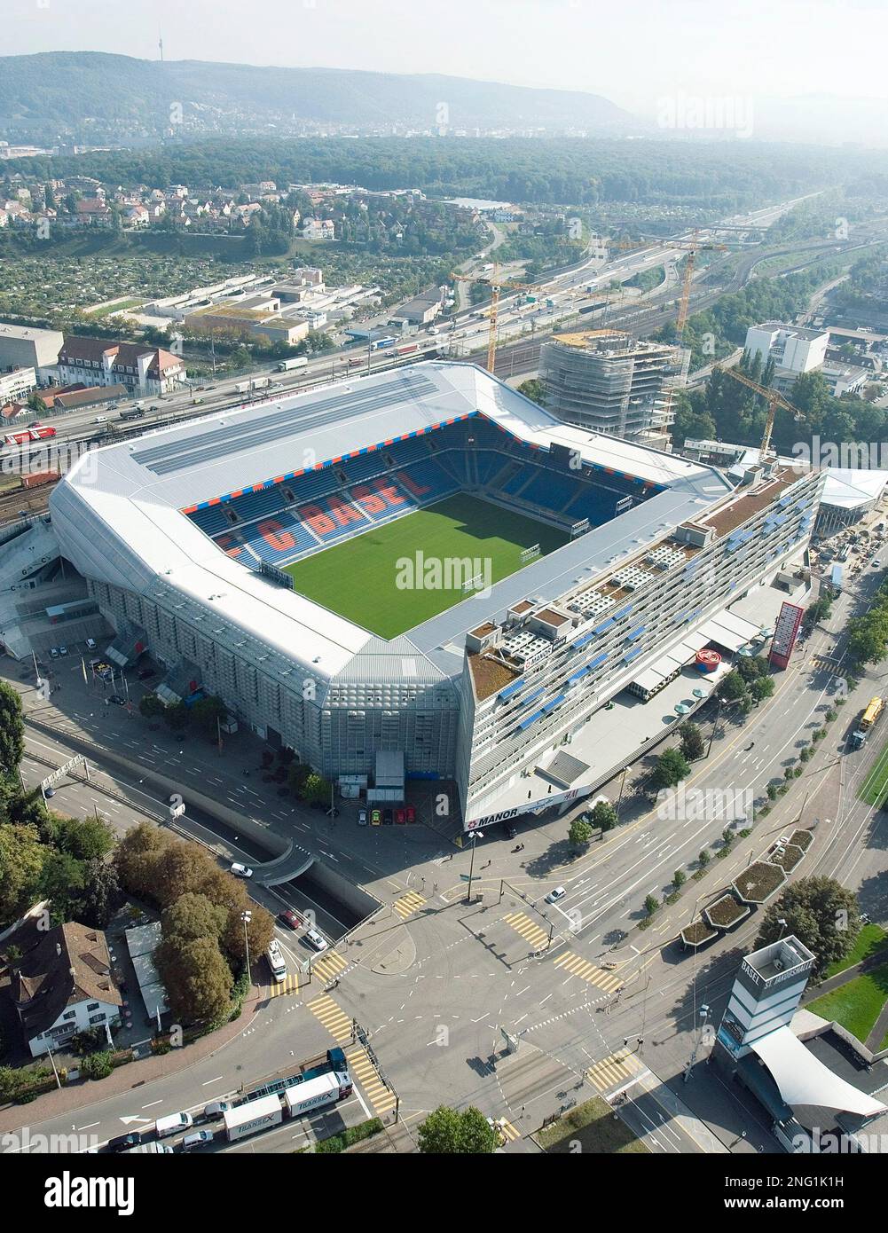 An aerial view of the soccer stadium St. Jakob Park in Basel, Switzerland,  Sept 17, 2007. The St. Jakob-Park (Joggeli) with a capacity of 42,500 seats  will be one of the eight