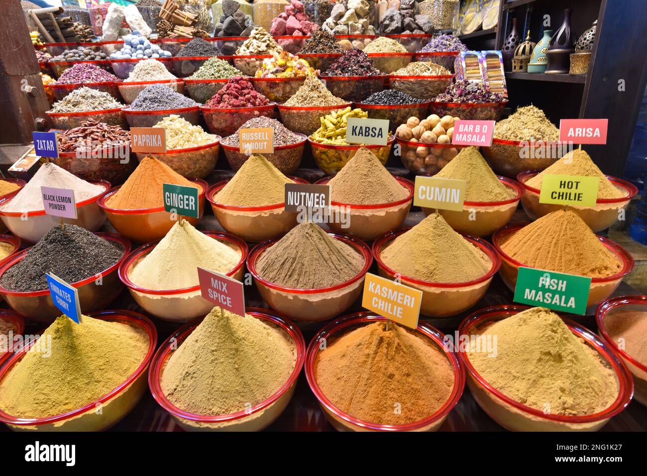 Various spices on Spice souk, Deira, Dubai Stock Photo