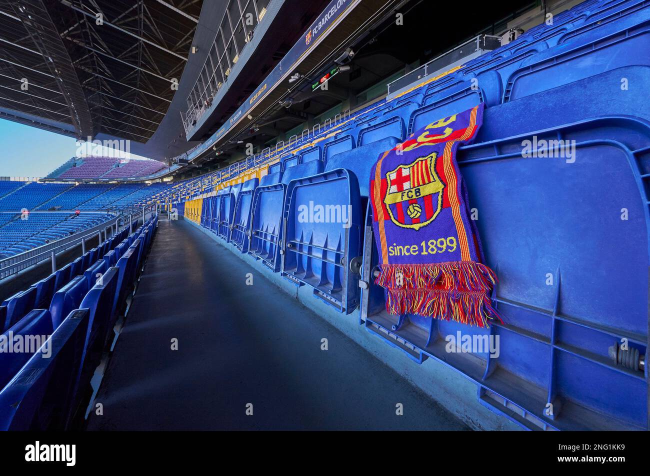 Scarf on the tribune of Camp Nou arena - the official playground of FC Barcelona Stock Photo