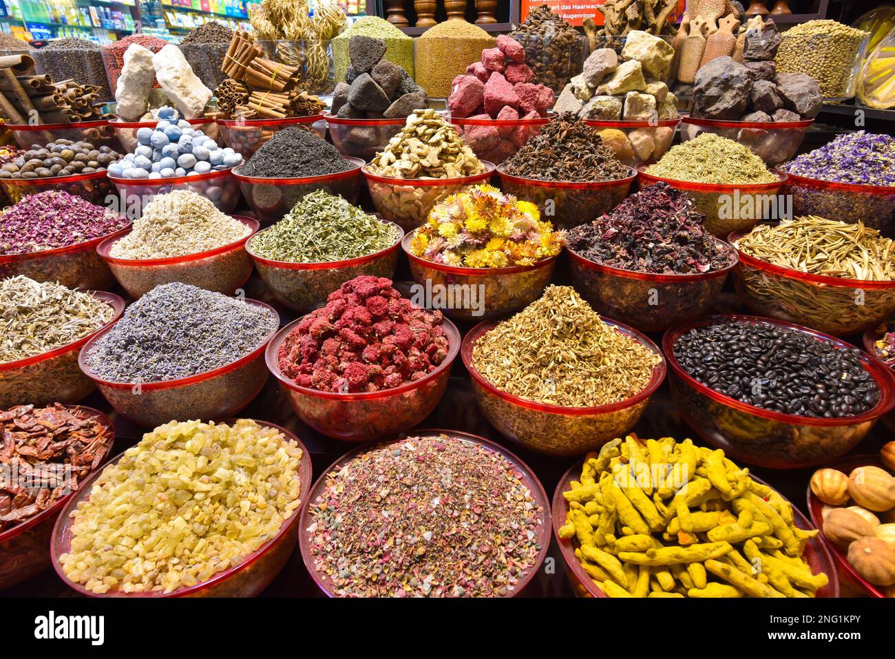 Various spices on Spice souk, Deira, Dubai Stock Photo