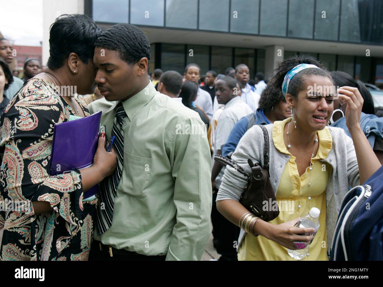 Students congregate outside the SuccessTech Academy Wednesday, Oct. 10 ...