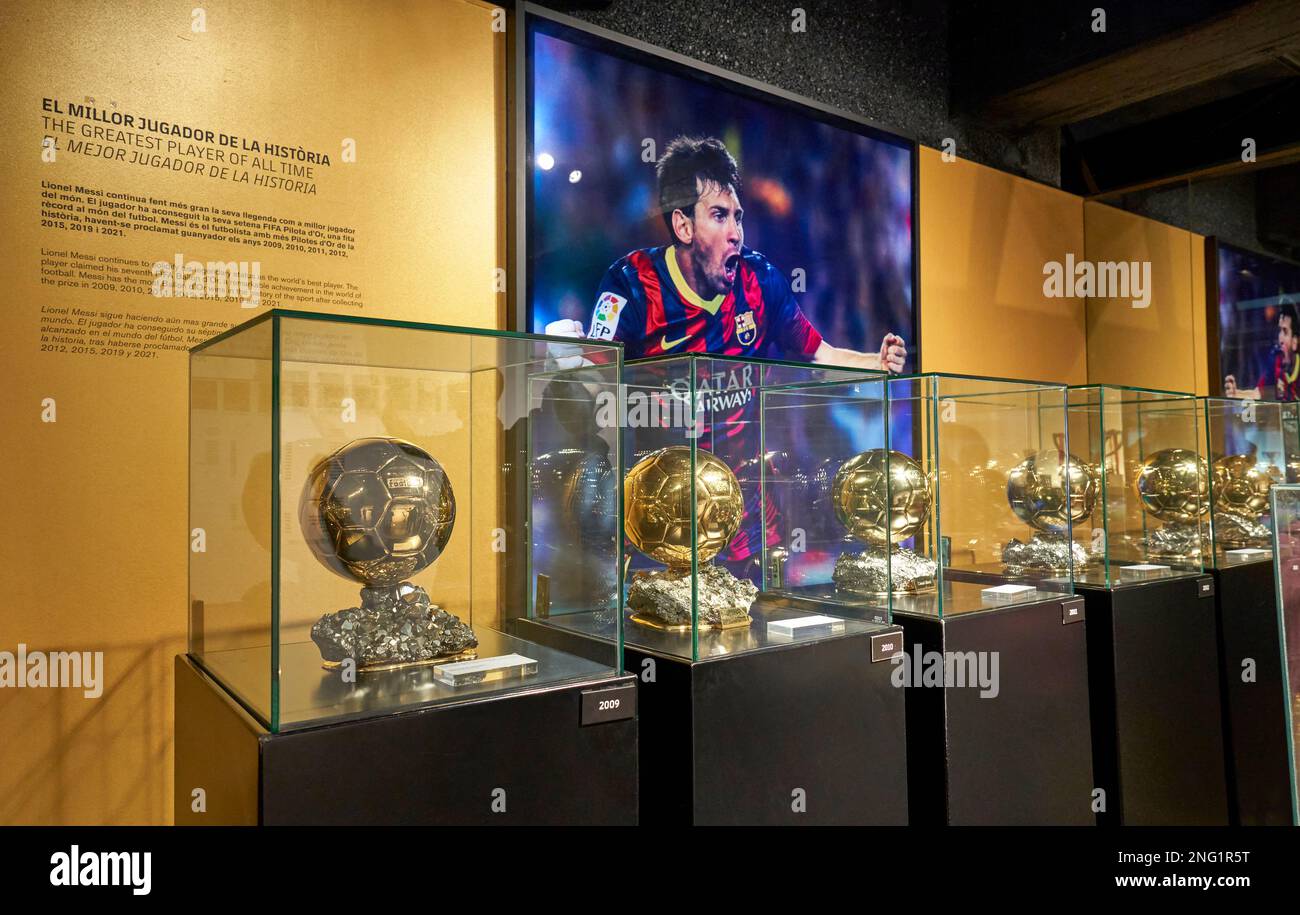 Lionel Messi awards in FC Barcelona museum at Camp Nou Stock Photo