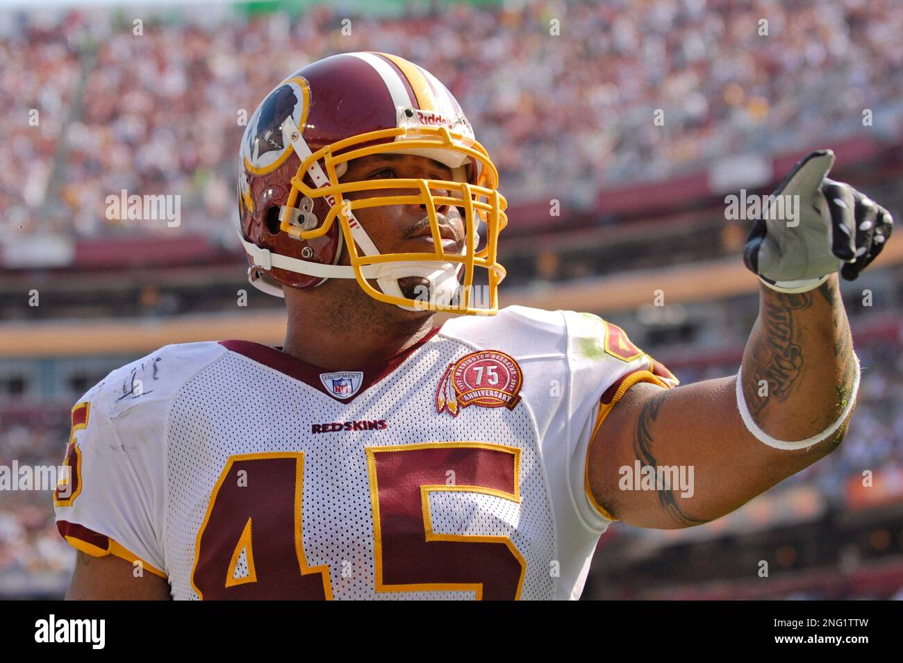 Washington Redskins Mike Sellers (45) celebrates after scoring his second  touchdown of the day against the Detroit Lions in the fourth quarter of  their game played at FedEx Field in Landover, MD