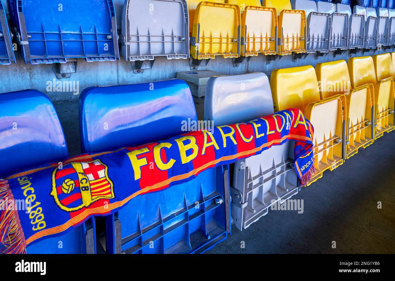 Scarf on the tribune of Camp Nou arena - the official playground of FC Barcelona Stock Photo
