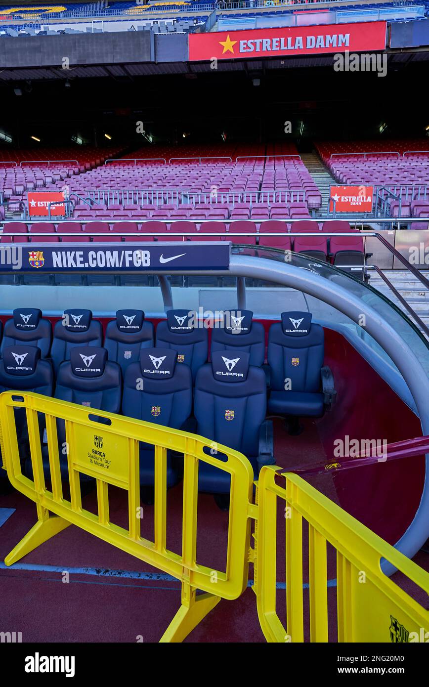 At the tribunes of Camp Nou arena - the official playground of FC Barcelona Stock Photo