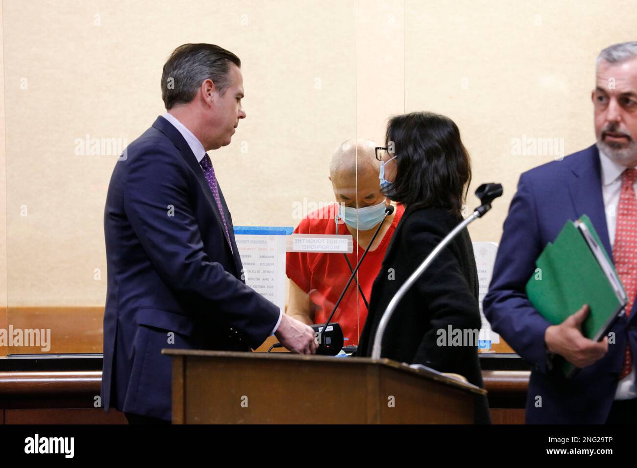 San Mateo, California, USA. 16th Feb, 2023. Chunli Zhao, center, appears for a plea hearing with his defense attorneys, Eric Hove, left, and Jonathan McDougall, right, at the San Mateo County Hall of Justice in Redwood City, California on Thursday, February 16, 2023. Zhao entered a plea of not guilty and has been charged with seven counts of murder and one count of attempted murder for the mass shooting on January 23, 2023 in Half Moon Bay, California. (Credit Image: © David G. McIntyre/ZUMA Press Wire) EDITORIAL USAGE ONLY! Not for Commercial USAGE! Stock Photo