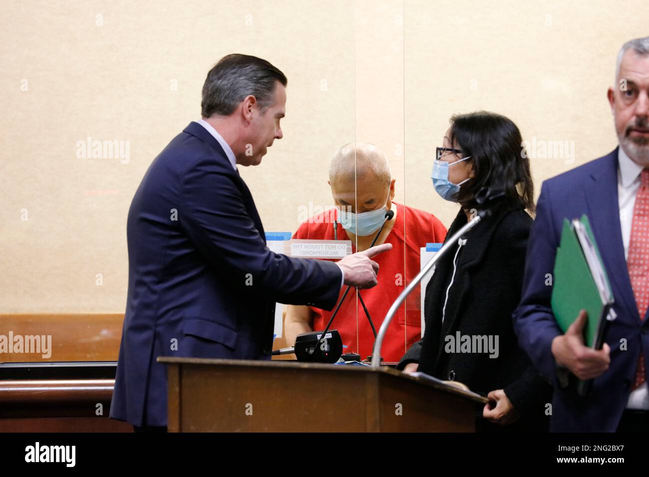 San Mateo, California, USA. 16th Feb, 2023. Chunli Zhao, center, appears for a plea hearing with his defense attorneys, Eric Hove, left, and Jonathan McDougall, right, at the San Mateo County Hall of Justice in Redwood City, California on Thursday, February 16, 2023. Zhao entered a plea of not guilty and has been charged with seven counts of murder and one count of attempted murder for the mass shooting on January 23, 2023 in Half Moon Bay, California. (Credit Image: © David G. McIntyre/ZUMA Press Wire) EDITORIAL USAGE ONLY! Not for Commercial USAGE! Stock Photo