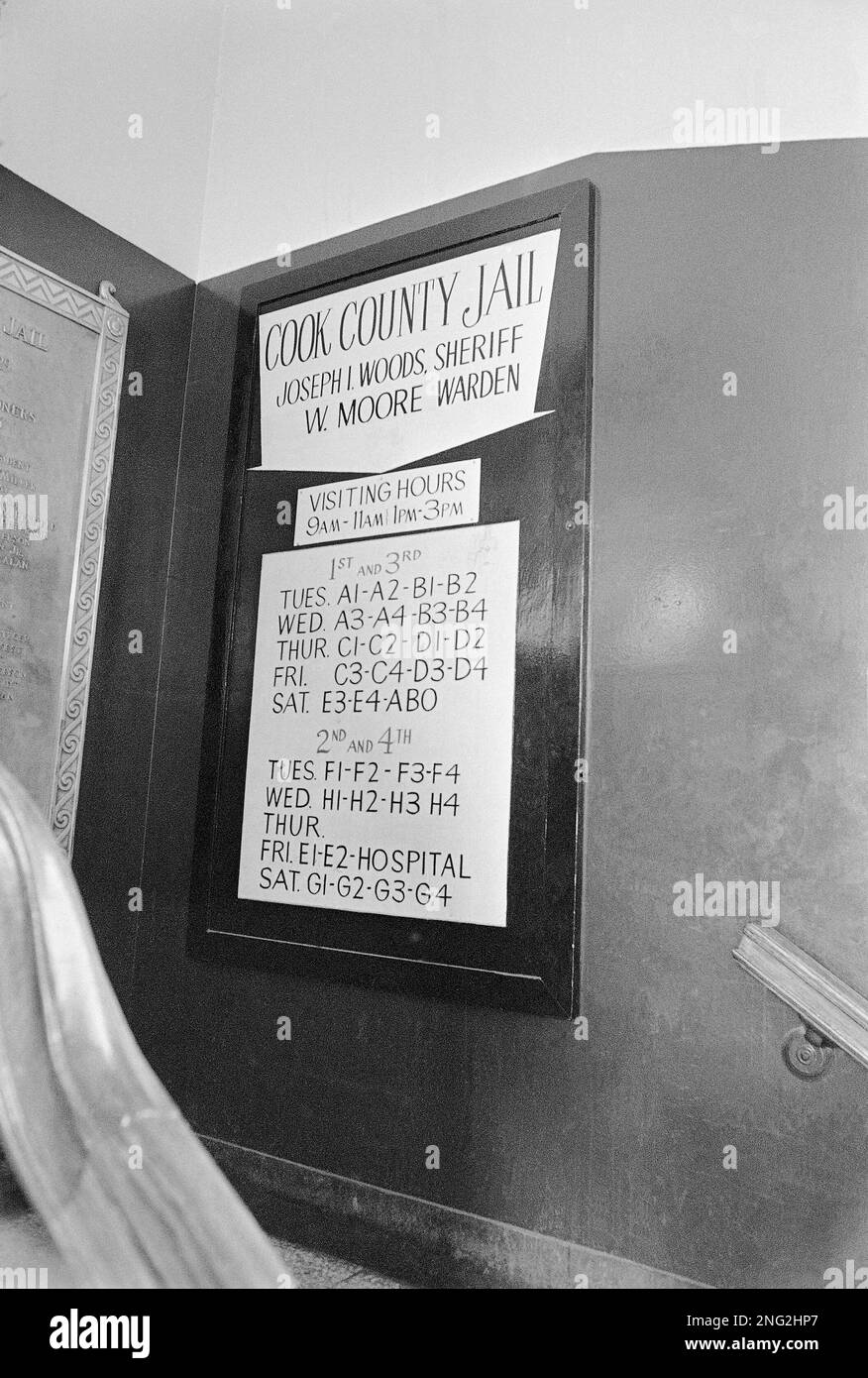 Visiting hours listed on a sign inside the lobby for visitors at the