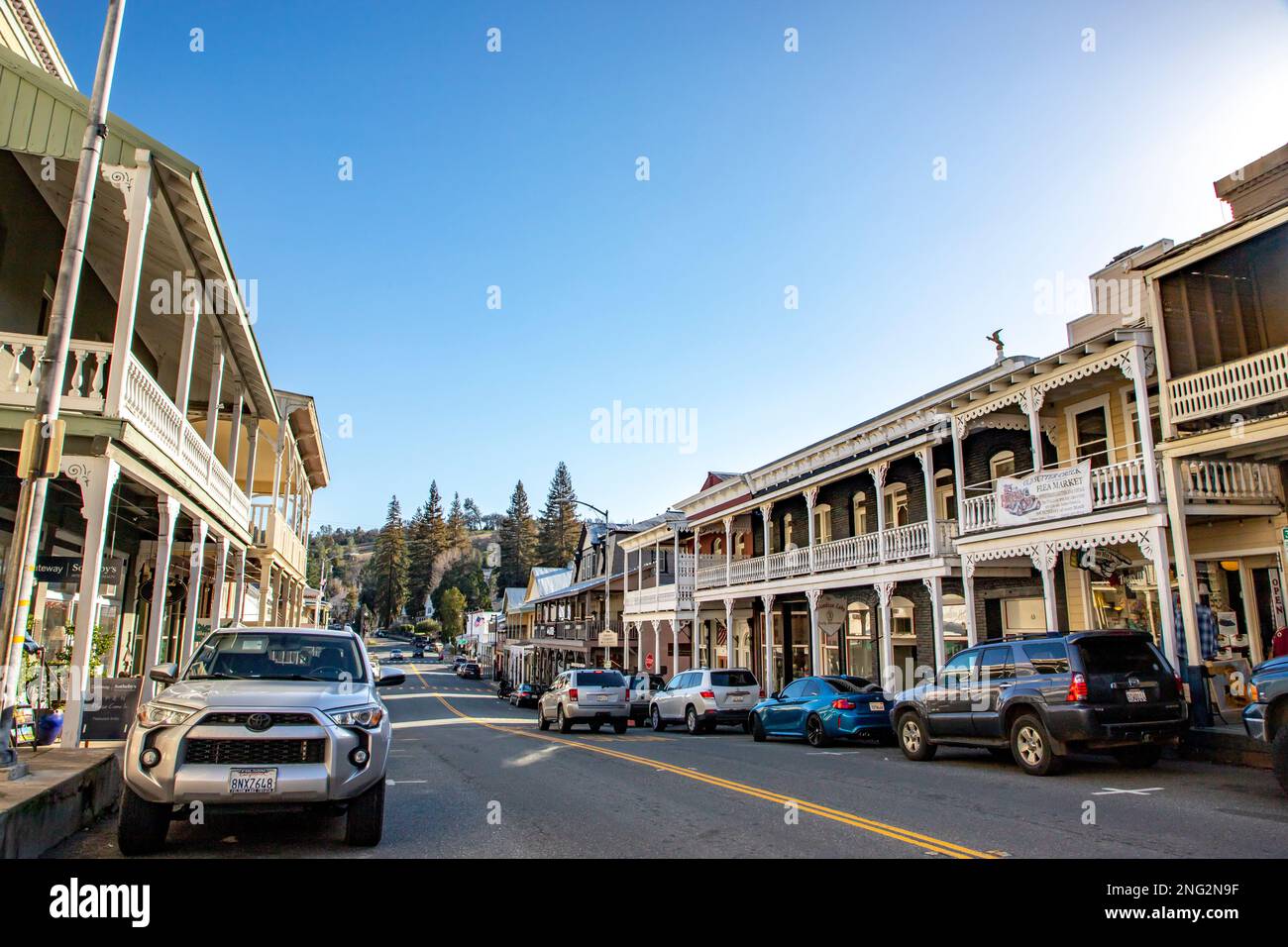 Sutter Creek is one of the gold mining towns along Highway 49 in the Sierra foothills of California. Stock Photo