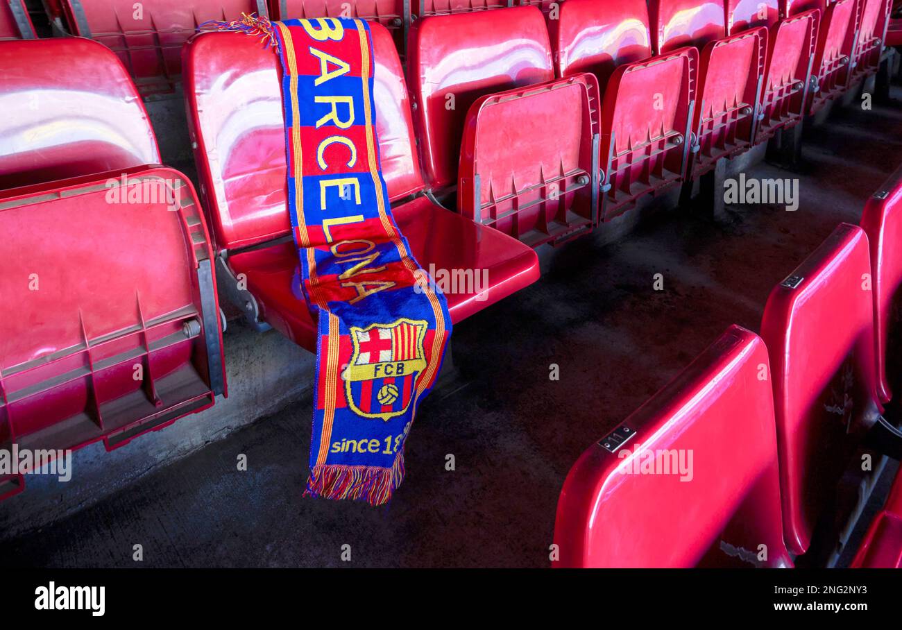 Scarf on the tribune of Camp Nou arena - the official playground of FC Barcelona Stock Photo