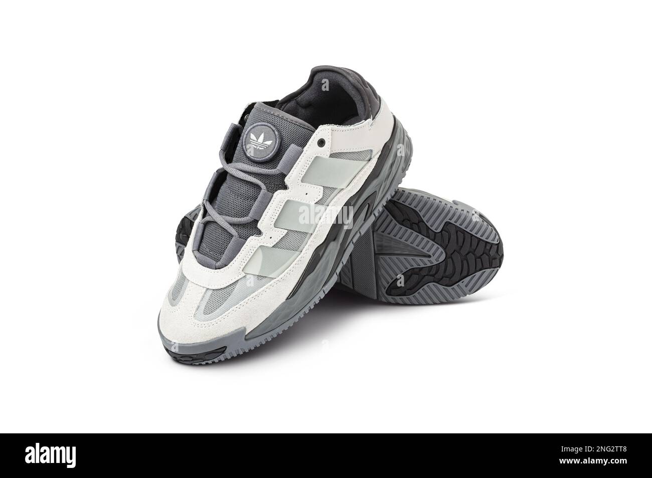 CHISINAU, MOLDOVA - FEBRUARY 12, 2023: Sneakers Adidas Niteball for sports, and for everyday wear in urban and office environments. Futuristic design Stock Photo