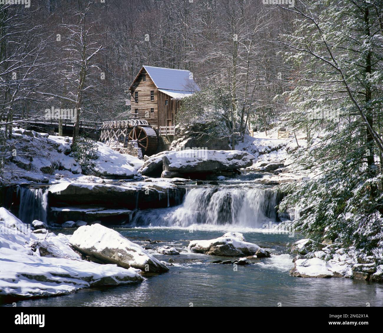 Sunny winter morning at Glade Creek mill and waterfall Stock Photo - Alamy
