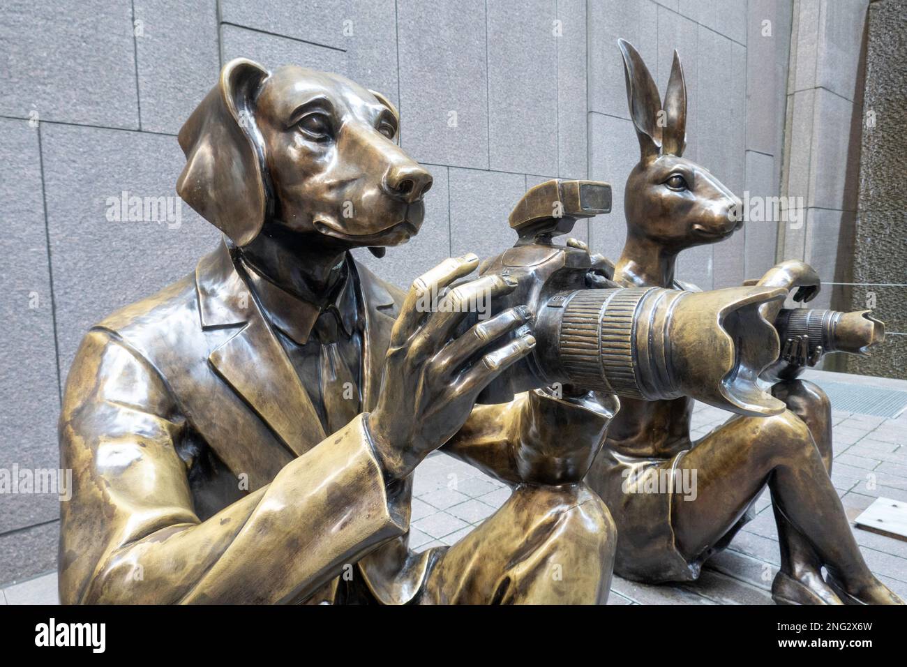 Paparazzi Dogman and Paparazzi Rabbitgirl Sculptures in Times Square, 2023, NYC, USA Stock Photo