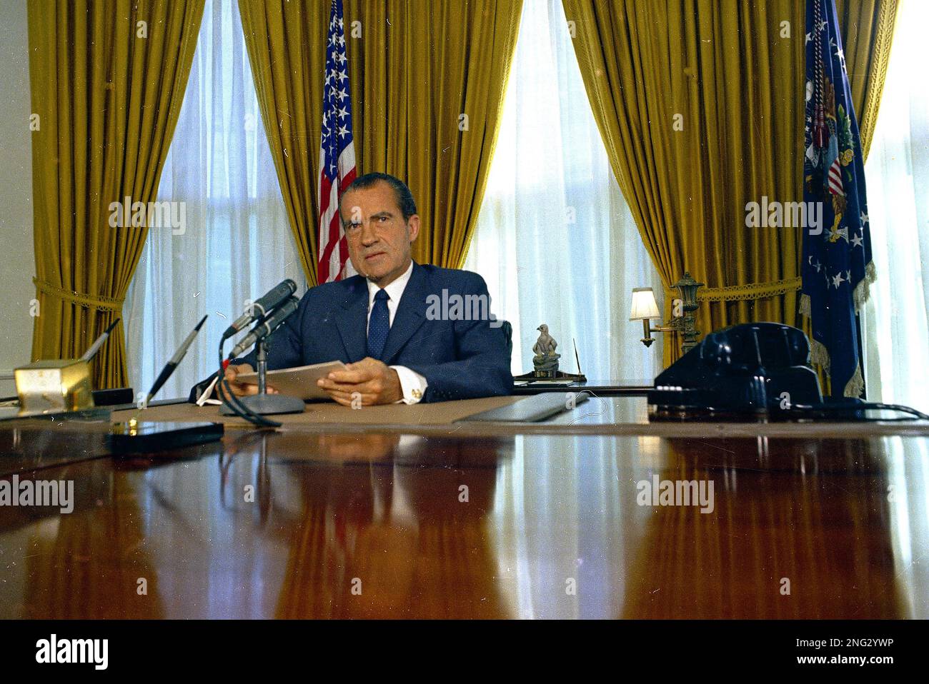 President Richard Nixon is seen in the Oval Office of the White House ...