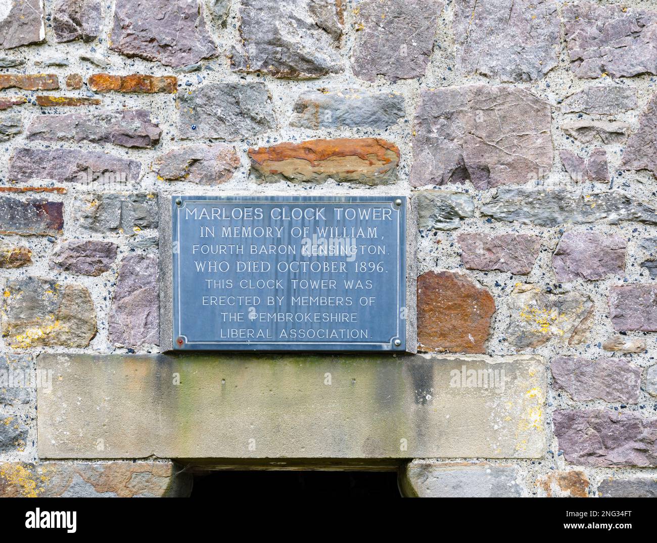 Sign on the Clock Tower in Marloes, a local landmark in the small ...