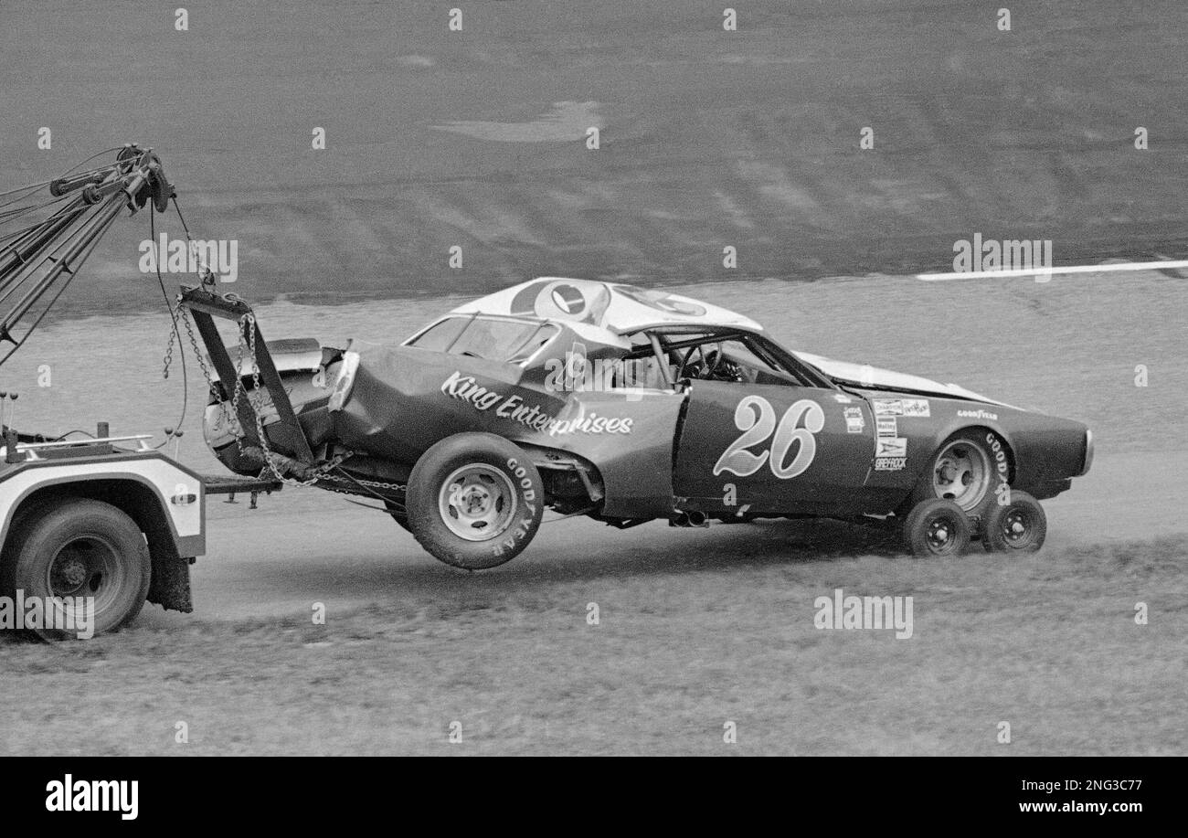 The car which was driven by driver Tiny Lund is hauled away by a ...