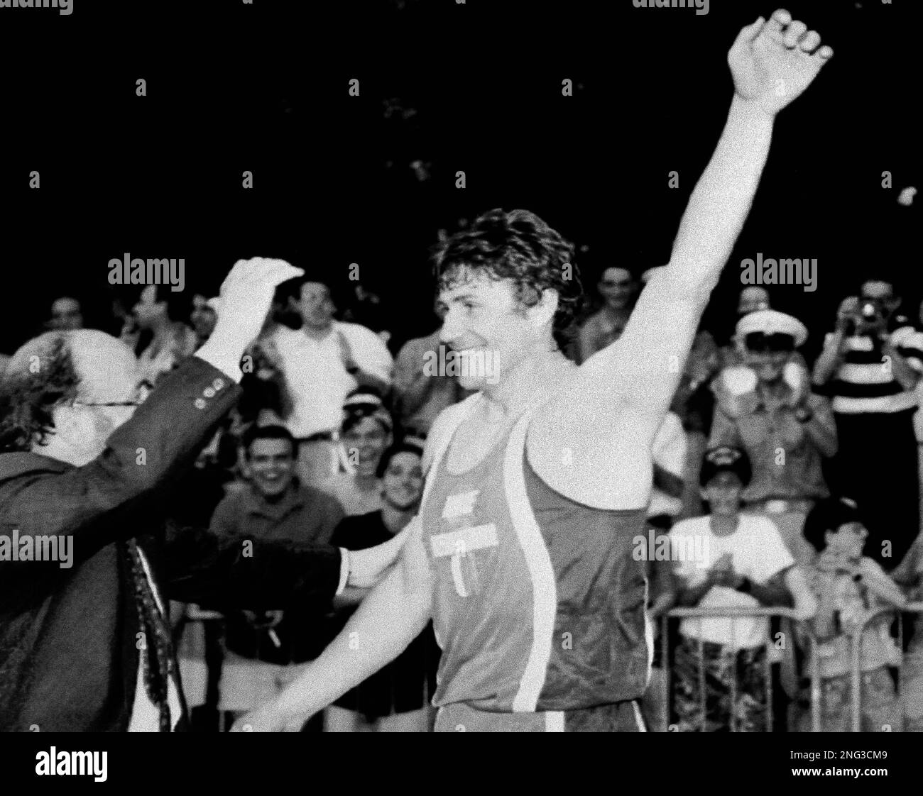 Soviet pole vaulter Sergei Bubka jubilates after improving on his own world record by clearing