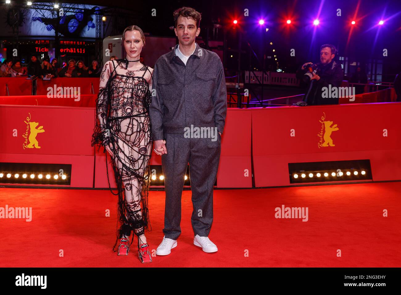 Rebecca-Jo Dunham, left, and Jay Baruchel pose for photographers at the ...
