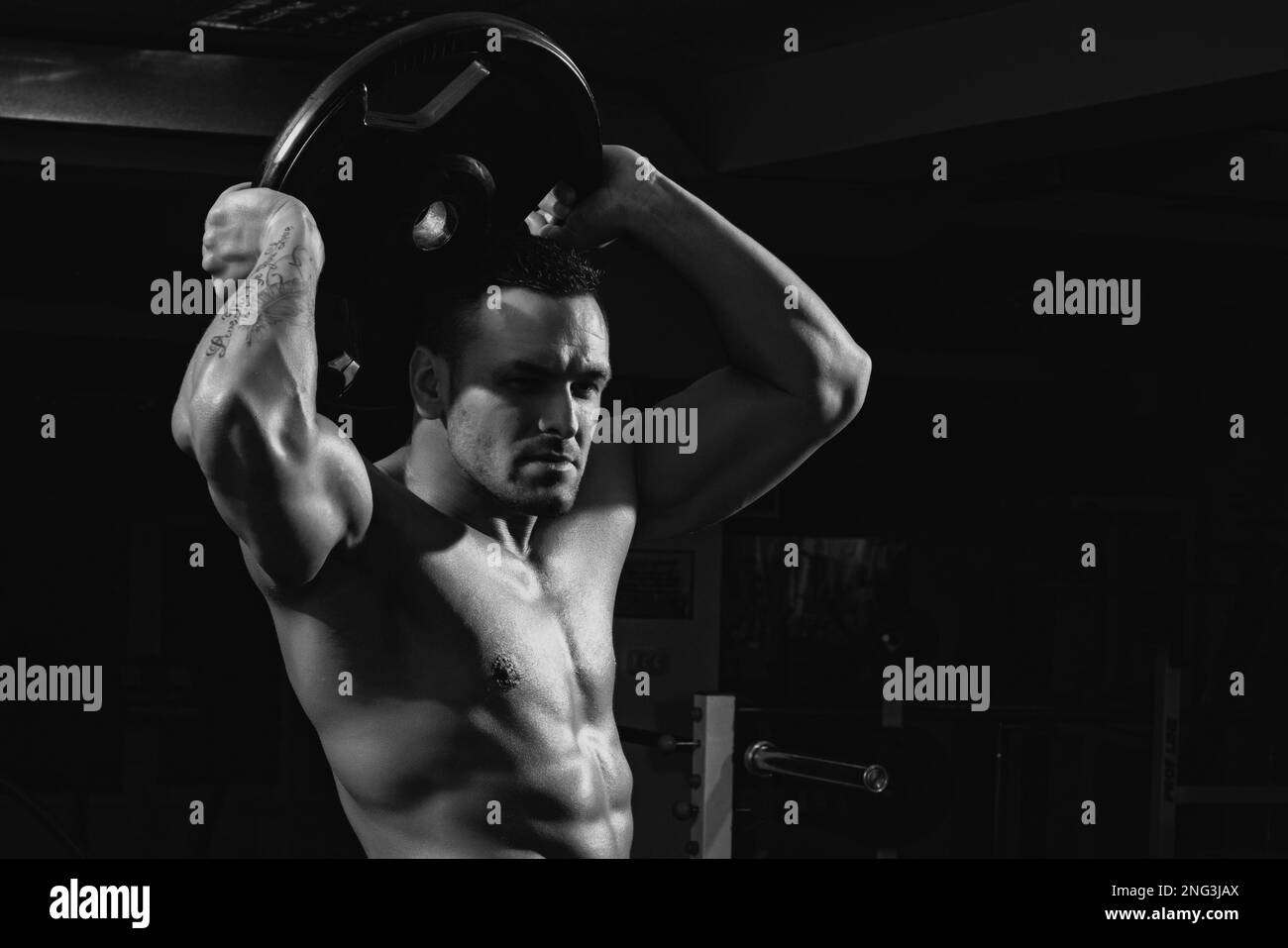 Portrait of powerlifter with weight disk in sport gym. Bodybuilder with