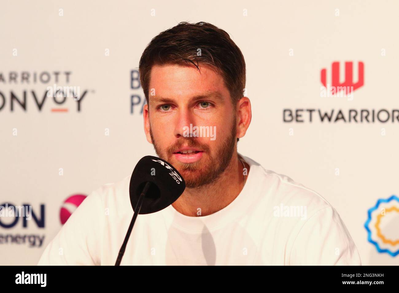 Buenos Aires, Argentina, 17th Feb 2023, Cameron Norrie answers questions during the press conference after his victory over Tomas Etcheverry to advance to the semifinals of the Argentina Open. Credit: Néstor J. Beremblum/Alamy Live News Stock Photo
