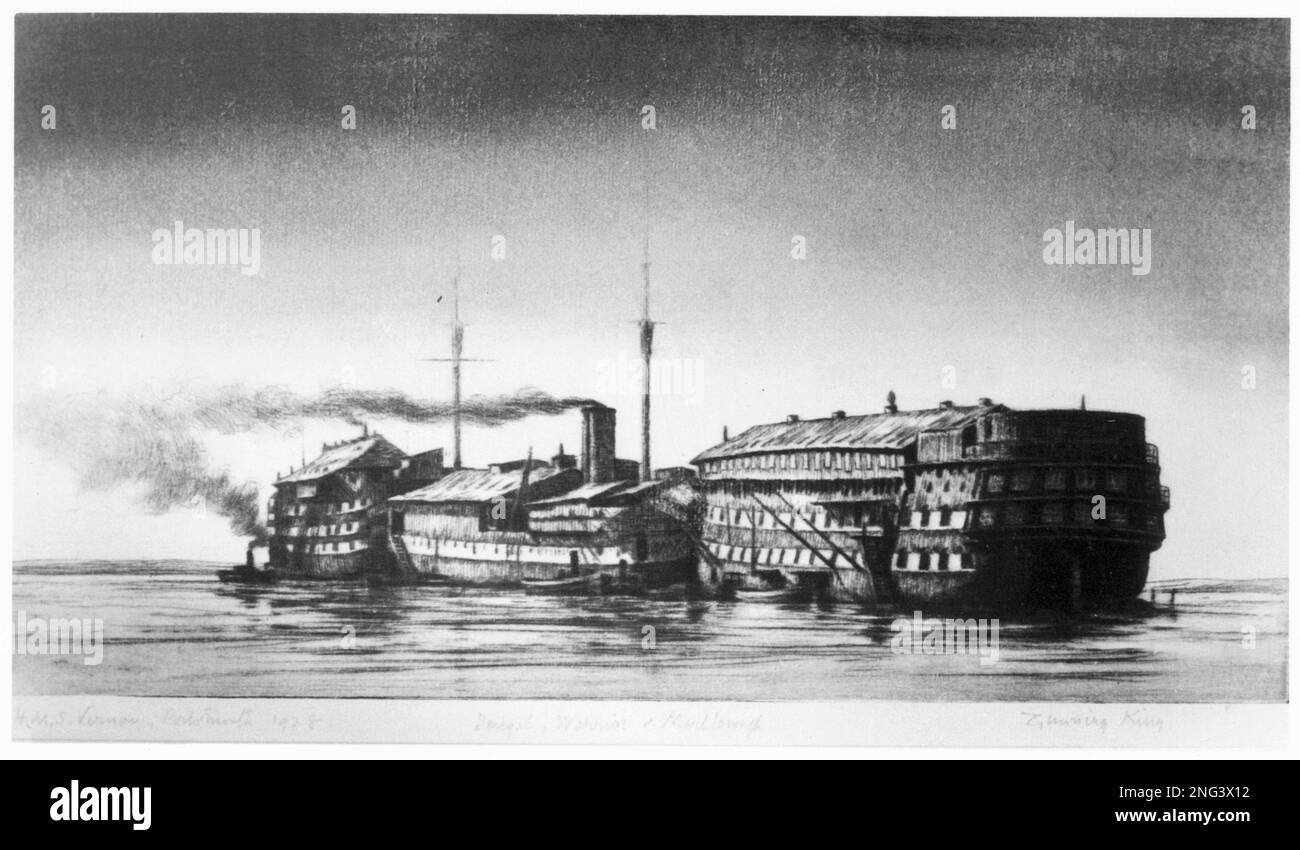 AJAXNETPHOTO. 1928. PORTSMOUTH ENGLAND. - NAVAL TORPEDO SCHOOL - ETCHING BY ARTIST WILLIAM GUNNING KING (1859-1940) OF HMS VERNON COMPRISED OF (L-R) HMS DONEGAL, WARRIOR AND MARLBOROUGH HULKS; SIGNED AND DATED BY ARTIST IN PENCIL.  PHOTOGRAPHER:AJAX NEWS PHOTO © DIGITAL IMAGE COPYRIGHT AJAX VINTAGE PICTURE LIBRARY SOURCE: AJAX VINTAGE PICTURE LIBRARY COLLECTION REF:GK1928 Stock Photo