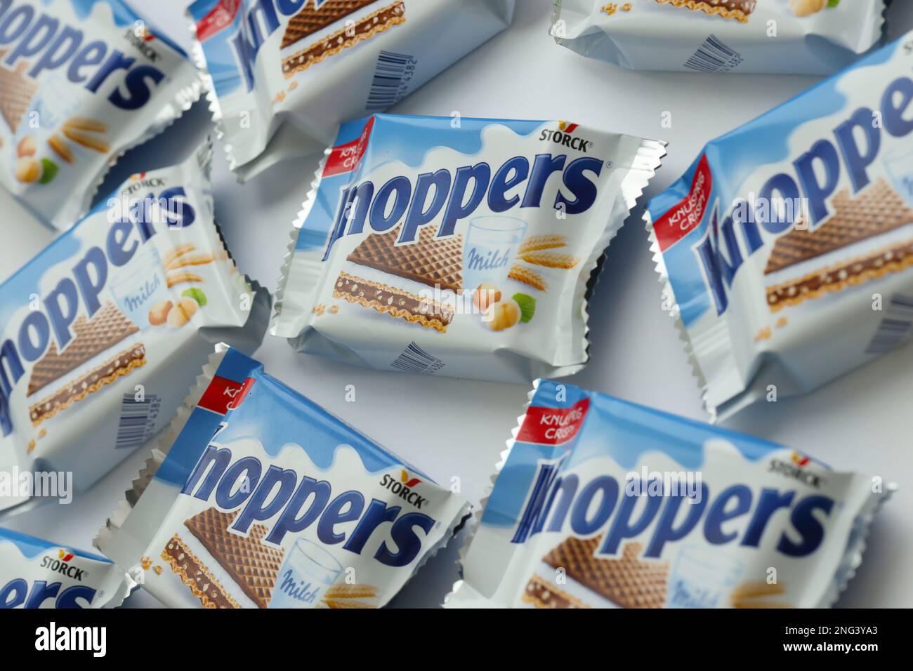 KYIV, UKRAINE MAY 4, 2022 Packshot of Knoppers crispy waffle