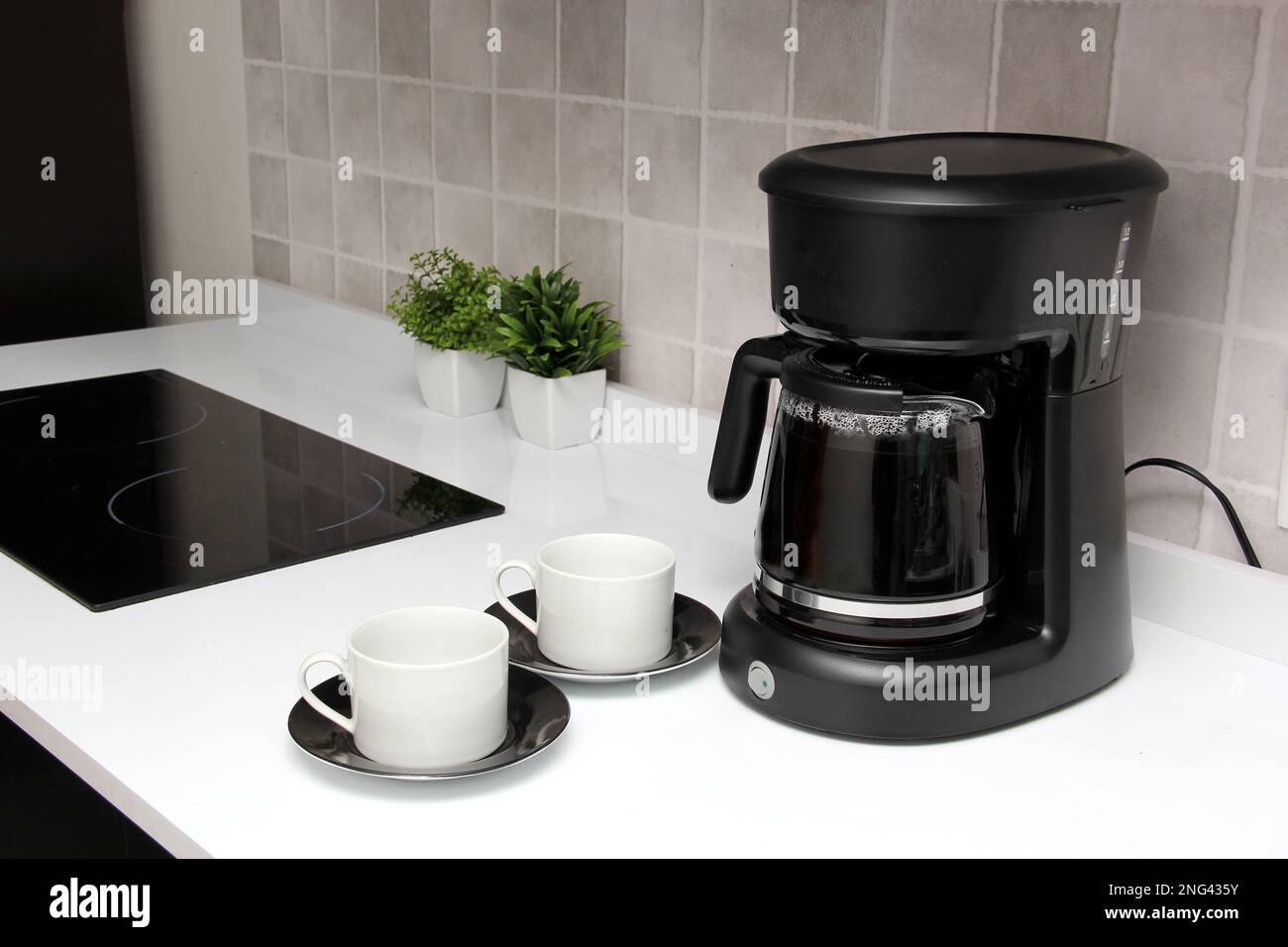 Freshly Prepared Coffee Filter Coffee Machine Served White Cups