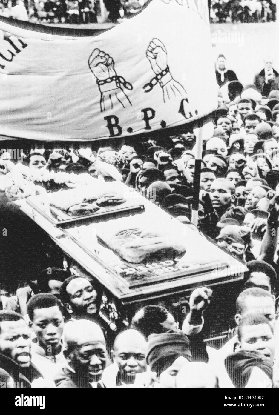 The coffin of Steve Biko, Black Consciousness movement leader, is