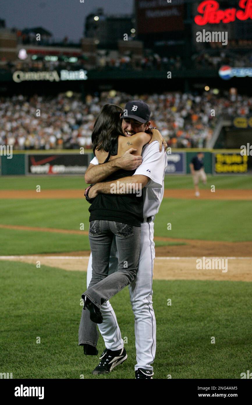 Detroit Tigers pitcher Justin Verlander hugs his girlfriend Emily Yuen  after pitching a no-hitter against the Milwaukee Brewers in an interleague  baseball game Tuesday, June 12, 2007, in Detroit. The Tigers beat