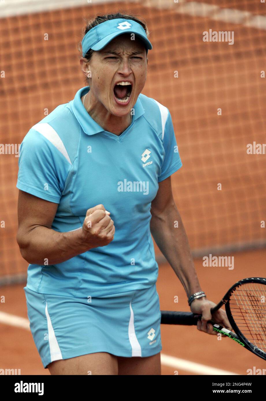 Italy's Tathiana Garbin reacts after winning a point to Japan's Akiko Morigami, during their first round match of the French Open tennis tournament, at the Roland Garros stadium, in Paris, Monday, May 28, 2007. (AP Photo/Michel Spingler) Stock Photo