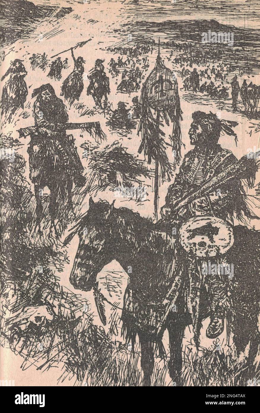 Black and white illustration shows the warrior Indians. Black and white ...