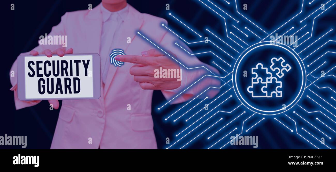 Security Guards Message Text caption presenting Security Guard. Concept meaning tools used to ...