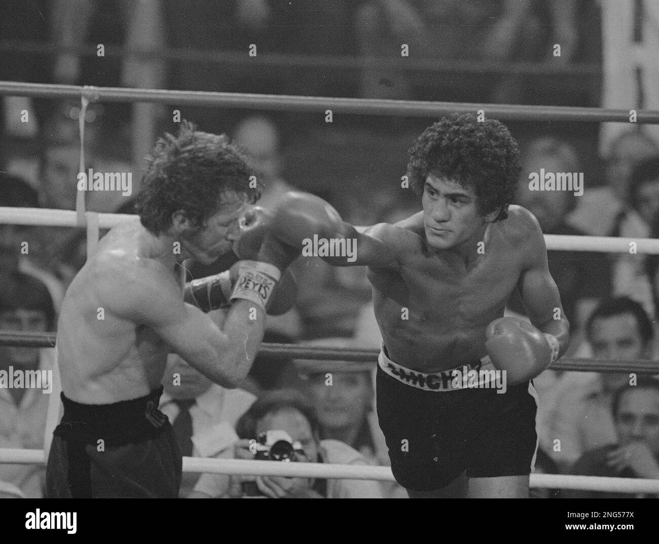 Salvador Sanchez, WBC featherweight champion, of Mexico charges after