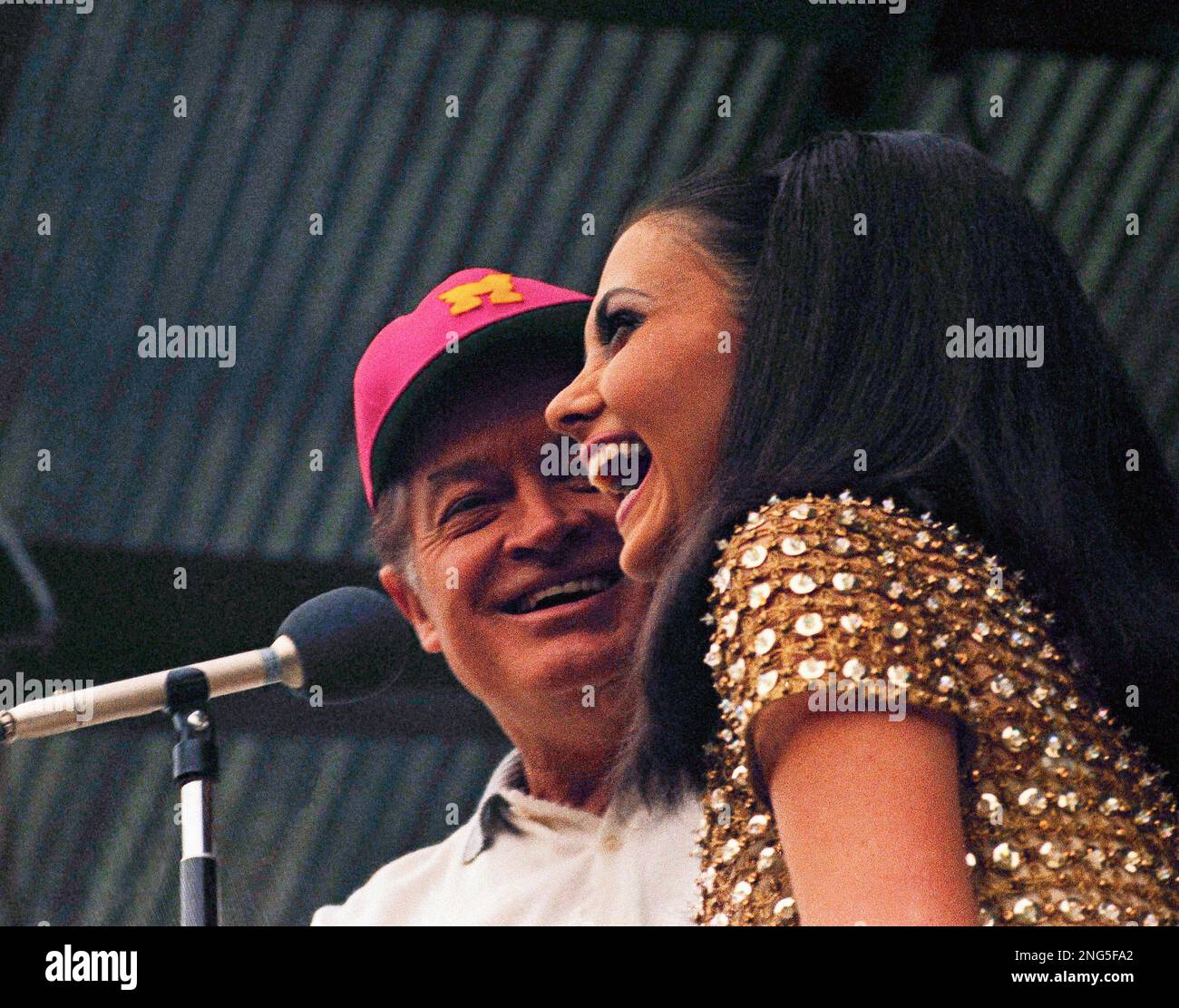 Madeleine Hartog Bell, Miss World of Peru, is shown with Bob Hope in