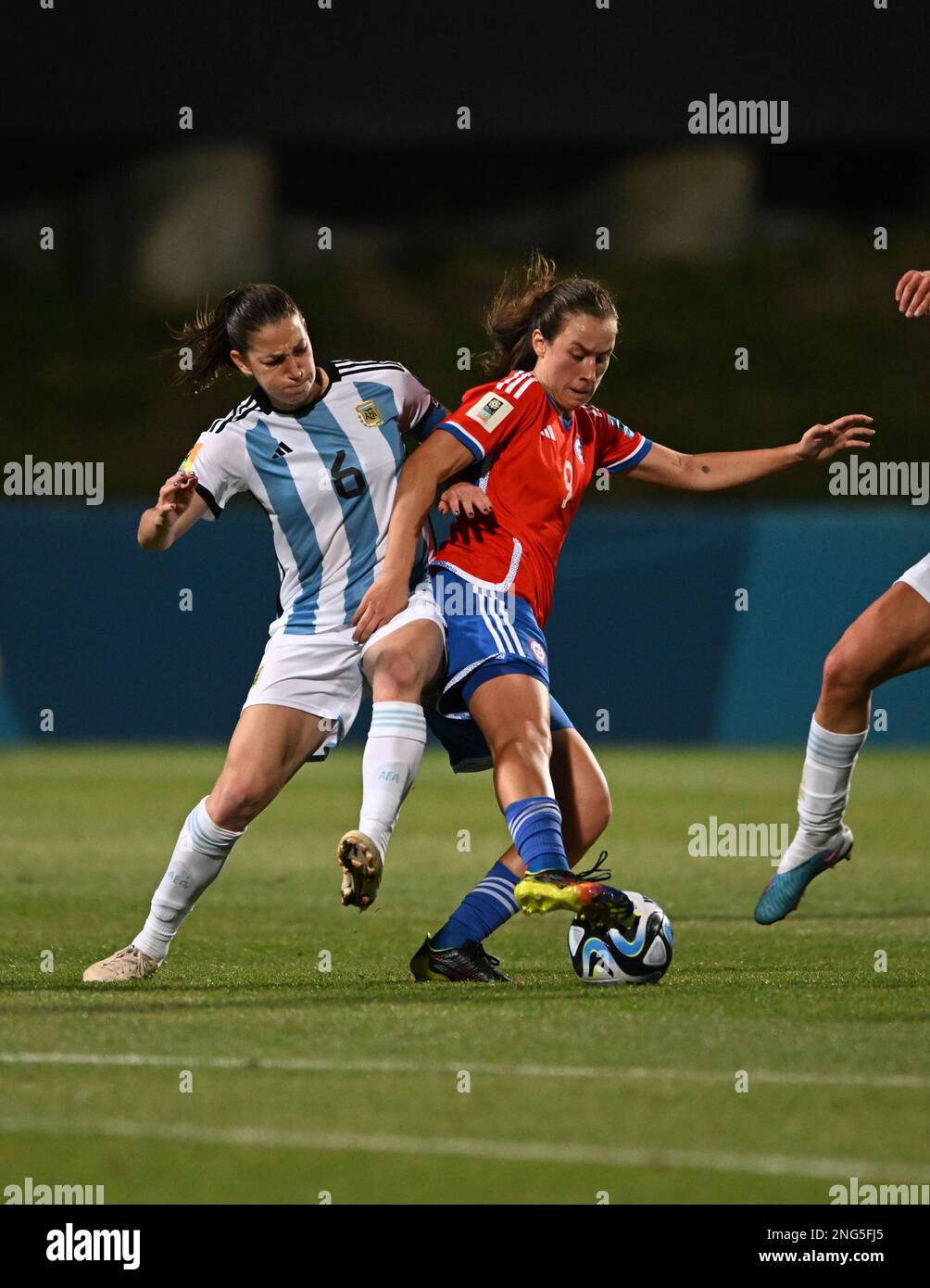 Aldana Ometti (L) of Argentina Women's National soccer team and Sonya Keefe of Chile Women's