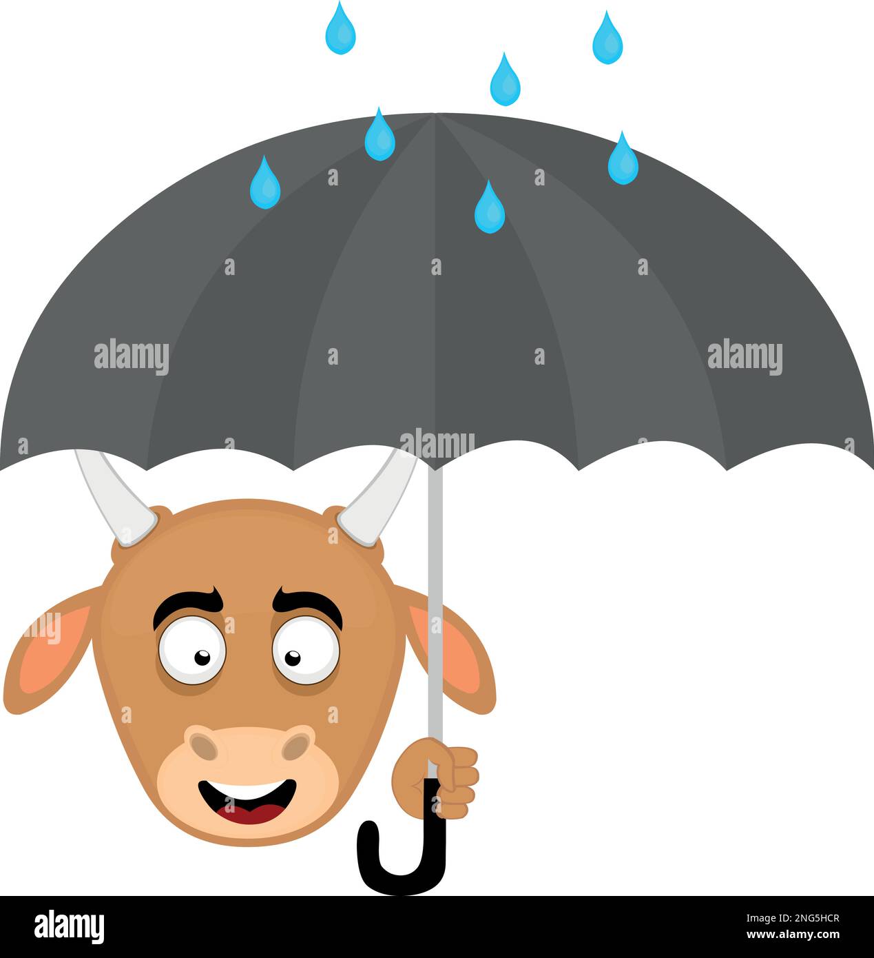 vector illustration face of a cartoon cow with an umbrella in hand and raindrops Stock Vector
