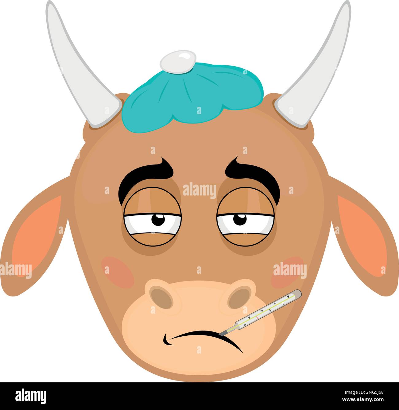 vector illustration face of a sick cartoon cow, with a thermometer in