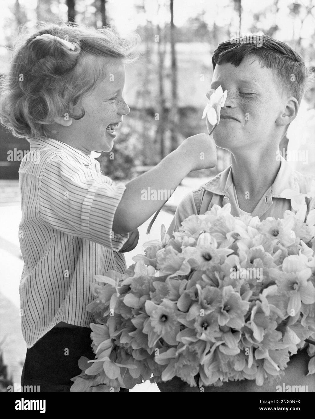 Tommy Self, with an armload of daffodils, gets his nose tickled with ...